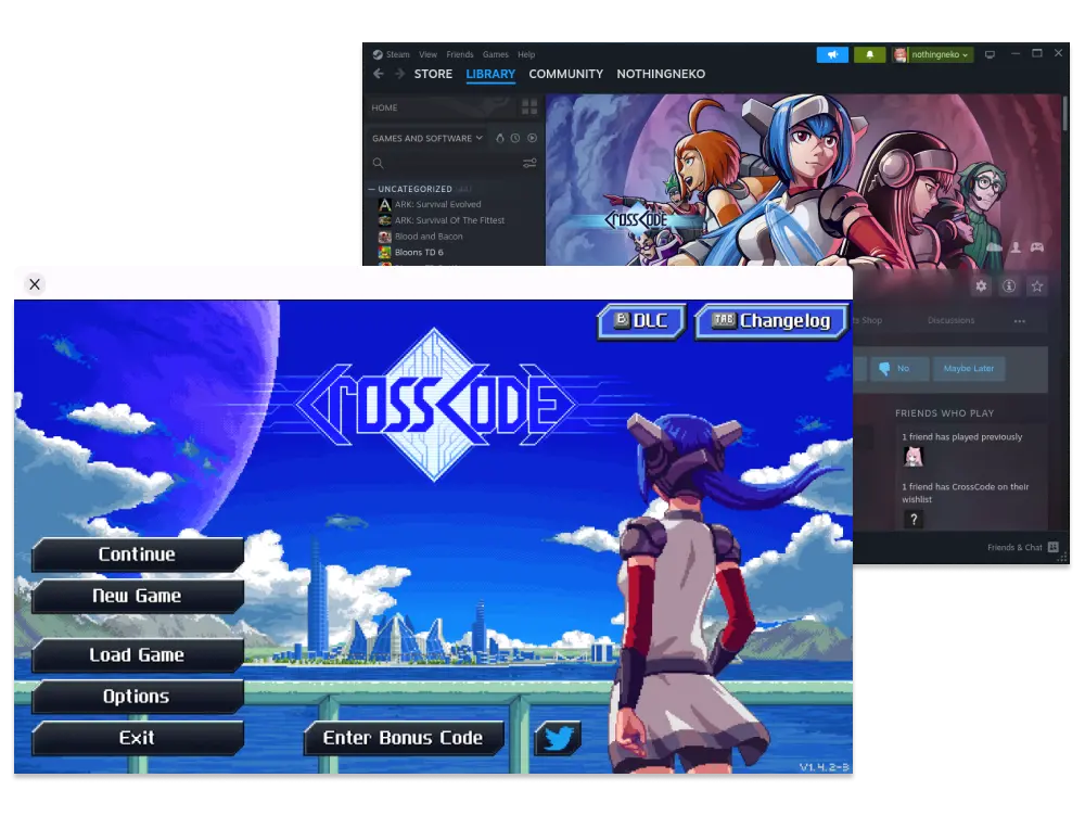 An example gaming setup, displaying CrossCode and Steam